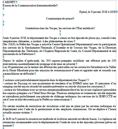 Prefet88's tweet image. #EtatAction88, #inondations point de situation du @Préfet88 à 1h30 le 5 janvier 2018