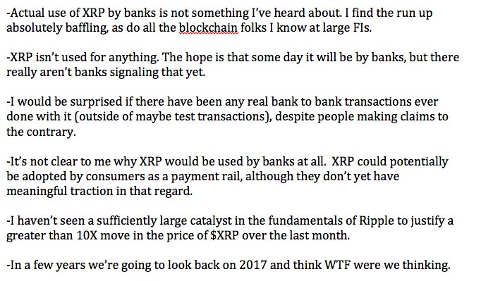 nathanielpopper's tweet image. Over the last day I’ve asked several people close to banks if banks are indeed planning to begin using Ripple’s token, XRP, in a serious way, which is what investors seem to assume when they buy in at the current XRP prices. This is a sampling of what I heard back: