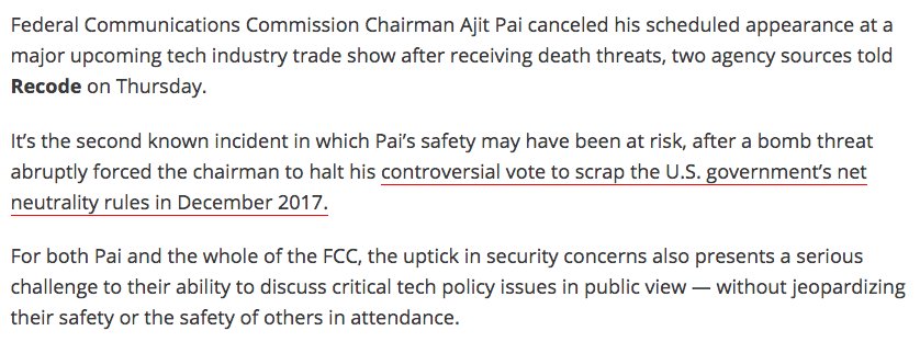 ByronYork's tweet photo. The new normal, apparently: Opposing net neutrality results in death threats for chairman of FCC. https://t.co/sp8Z6cZoSr https://t.co/rWl1r8agt8