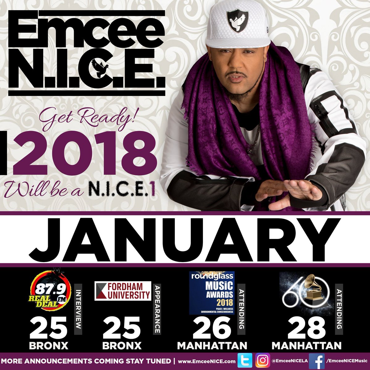 EmceeNICELA's tweet photo. #January it's going down,  @theeveningexper 87.9 #TheGrammys #RoundGlassMusicAwards and will be stopping by #Fordham stay tuned for "PRAISE" tour announcement. #2018 will be a #NICE1 https://t.co/hV0OsaHqgu