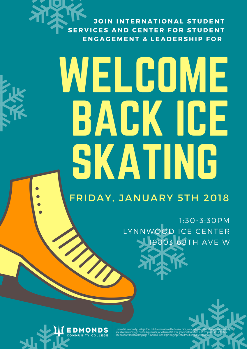 TheTritonReview's tweet photo. Looking for something fun to do to celebrate your first week back to school? International Student Services and CSEL are organizing FREE ice skating right across the road from campus, tomorrow January 5th! Edpass required! #edmondscc #edcc @edmondscc https://t.co/qzJJOF7qyR