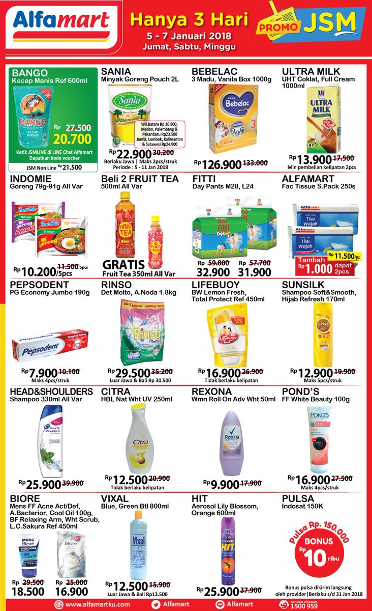 Hanya 3 hari, promo JSM 5-7 Januari 2018. Segera dapatkan ditoko Alfamart terdekat. info lengkap klik ow.ly/GbwQ30hALok