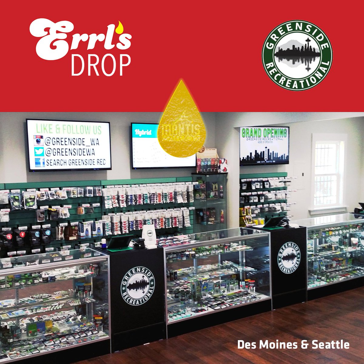 _errls's tweet image. Fresh drop of #errls and #mantisextracts at Greenside Rec! 🤩🙌🔥🔥🔥 Both the #seattle and #desmoines locations picked up our latest #chemdawg #liveresin, new single source all flower #mantisextracts and so much more‼️ 😻🎉🎉🎉