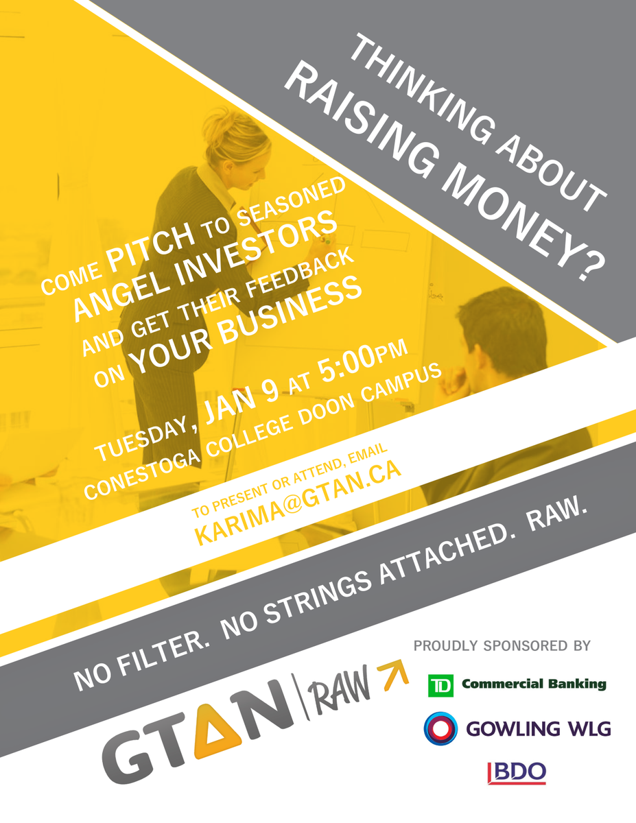 Hi everyone! If you know of a company that would like to pitch in front of credited investors (just for advice) this Tuesday, please let me know. <a href="/AC_Waterloo/">Accelerator Centre</a> <a href="/InnovationGU/">InnovationGU</a> <a href="/Communitech/">Communitech</a> <a href="/ConestogaC/">Conestoga College</a>  <a href="/DurrellCommPR/">Durrell Communications</a> Thank you.