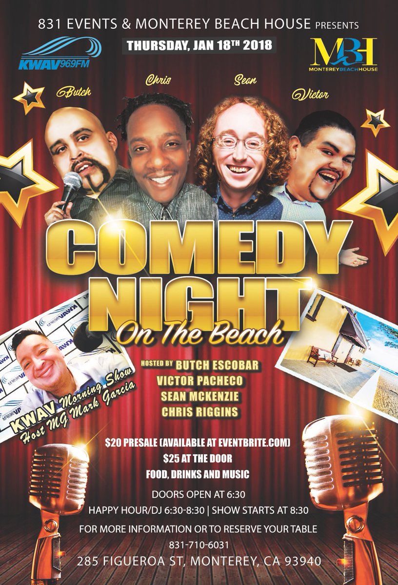 Lyss_AnnMarie's tweet photo. 4 Comedians, KWAV Morning Show Host M.G. Mark Garcia, Music, Drink Specials & The Monterey Bay Coast.For More Info or To Reserve A Table Call/Text 831-710-6031 #comedy #montereybeachhouse #831events #community #love #laughs #food #music #dj #beachview #entertainment #2018 #kwav https://t.co/MsYRjUXwan