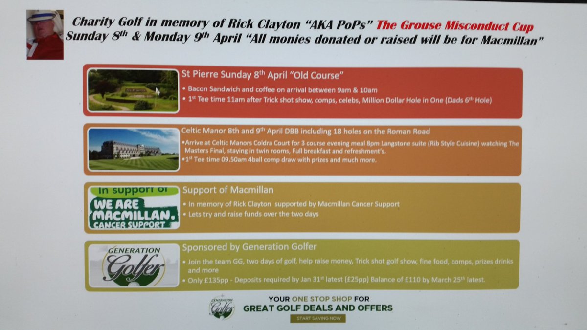 #CharityGolf Limited Spaces available for 2days of #Golf #Prizes #Trickshots #holeinHolecomp #Celebs April 8th &amp; 9th playing @StPierreHotel &amp; <a href="/TheCelticManor/">Celtic Manor Resort</a> supported by <a href="/MDCmember/">Million Dollar Club</a> raising money for @MacmillanCymru contact <a href="/RichieR40067446/">Richie Rich</a> at rclayton@generationgolfer.com ⛳⛳⛳