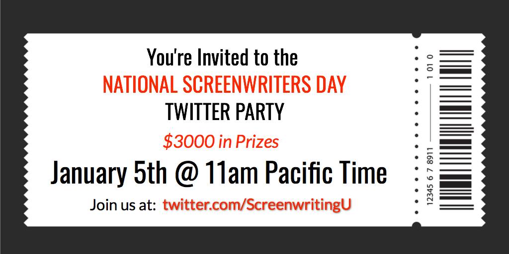 ScreenwriterDay's tweet image. Twitter Party Friday at 11 AM @ScreenwritingU to celebrate #NationalScreenwritersDay!
We’re giving away $3,000 of prizes! Topics include #screenwriting, #screenplay, and #screenwriter. Please RSVP and RT.
Prizes by @PAGEawards @finaldraftinc @VPFest, @ScreenwritingU