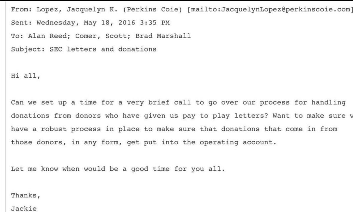 In an email dated May 18, 2016 sent by Perkins Coie attorney Jacquelyn Lopez to staffers at the DNC, Lopez asked them to set up a call "to go over our process for handling donations from donors who have given us  #paytoplay letters."
