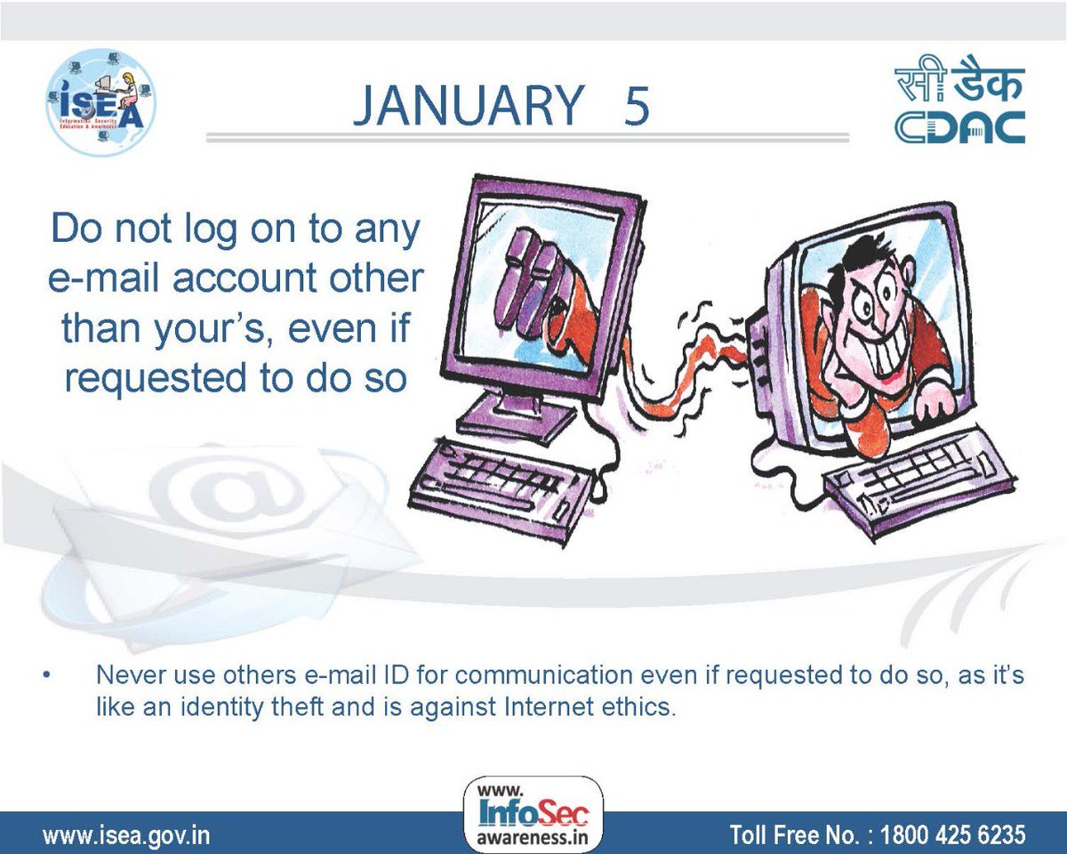 #Emailethics
#Emailprotection
#EMAIL #Emailprivacy
Never access others #emailaccounts in their perosnal or office #PC #mobile #Tabs etc. #Follow #Internetethics #RT @cdacindia @GoI_MeitY @IndianCERT @ERNET_India @cbseNCERTguide @ciet_ncert @_DigitalIndia @mygovindia @stpiindia