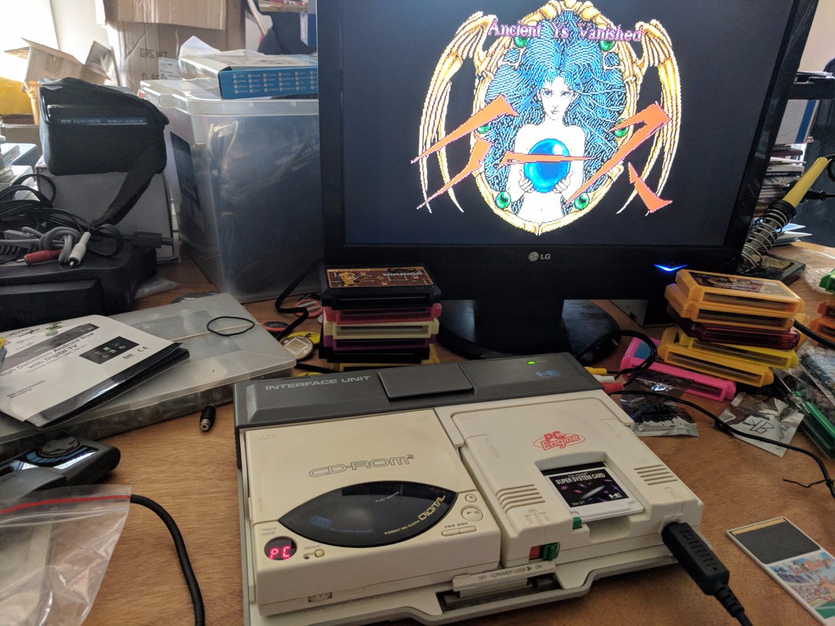 RetroTuesday's tweet photo. Always wanted a Sharp #TwinSystem since I saw them in Super Potato but couldn't fit one in my luggage. Finally bought this which arrived yesterday with a Mario F1 disk. Also got a CDROM card to complete my PC Engine interface. https://t.co/23uv8jzS1Y