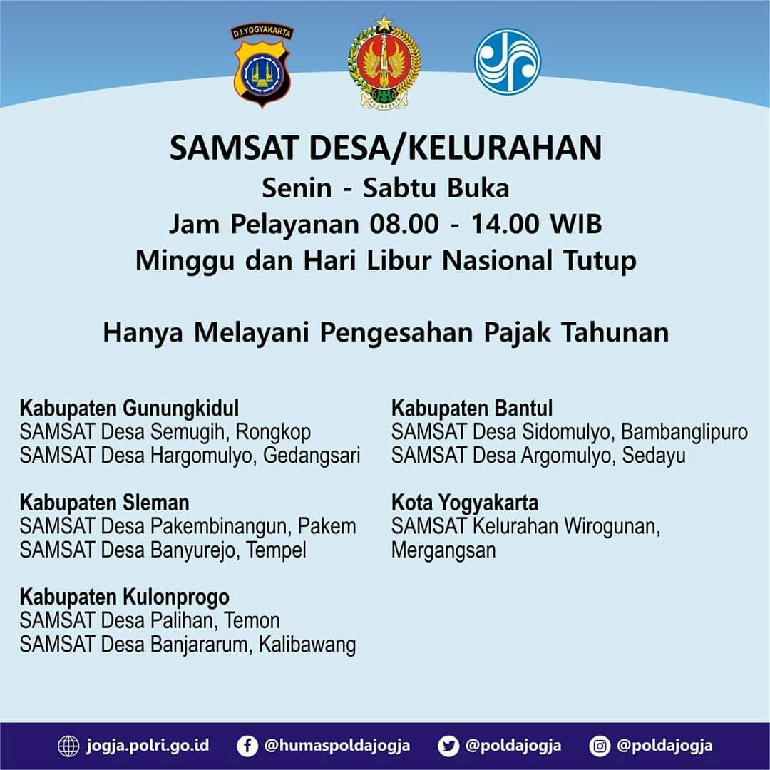 humas_jogja's tweet photo. Monggo dipun catet, daftar Samsat Desa wonten wilayah DIY.

Samsat Desa lokasinipun wonten Balai Desa.

Via @PoldaJogja 
 https://t.co/QxKkBRw63y