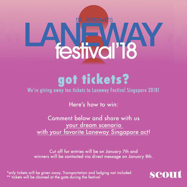 scoutmagph's tweet photo. We’re giving away tickets to St. Jerome’s Laneway Festival Singapore on January 27!
We’d hate for you to miss the chance to see artists such as Slowdive, the Internet, & Wolf Alice.
Reply to this tweet & give us your dream scenario with your favorite #LanewaySG act! https://t.co/u5RgjhfwxS
