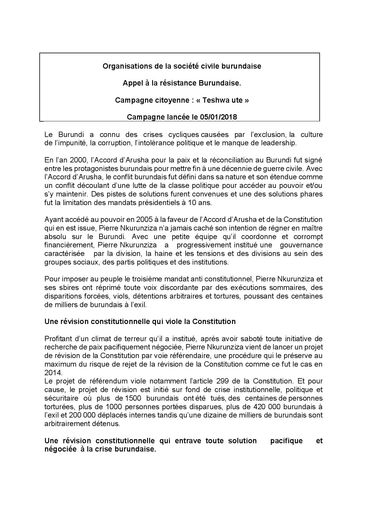 Sos Medias Burundi On Twitter Info Burundi 23 Civil Society Organisarions Have Launched A Campaign They Called Teshwa Ute To Block The Constitution Amendment Under Current Conditions Burundi Https T Co 4keneaoa1z