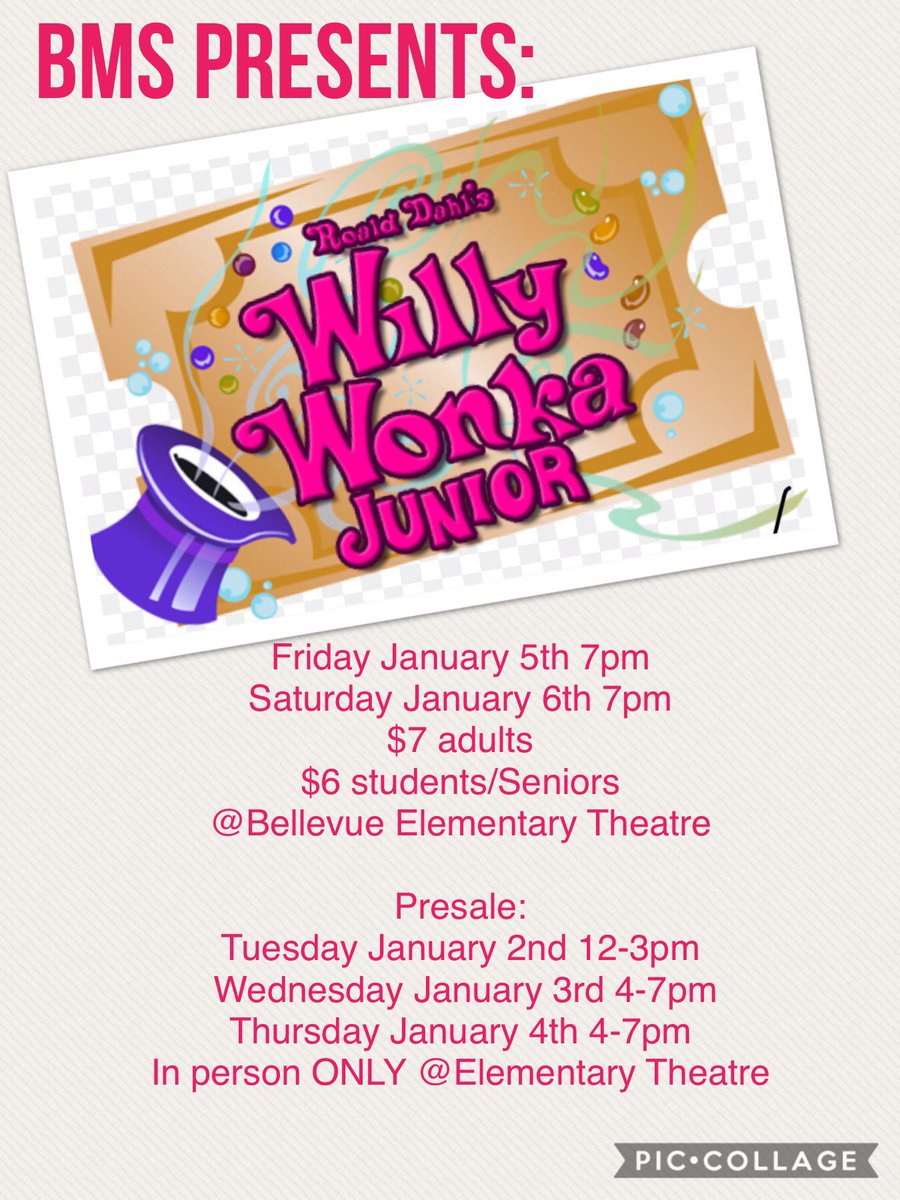 Break a leg to the cast and crew as BMS presents Willy Wonka Jr. tonight & tomorrow @ BES @ 7p #BellevueArts