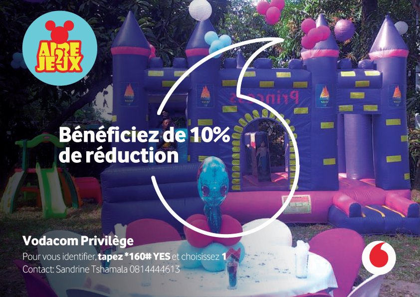 Vodacomcongo's tweet photo. Êtes-vous membre du Club Privilège? Organisez-vous une fête pour vos enfants? Contactez Aire 2 Jeux et bénéficiez de 10% de reduction.
Pour vous identifiez faites le *160# choisissez 1
#VodacomPrivilege #ClubPrivilege https://t.co/W47ax7sV9K