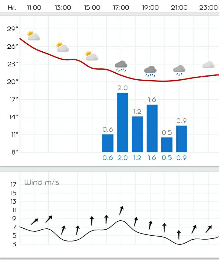 Buenos días! 
Hoy en la tarde hay posibilidad de lluvia. 
Planifica actividades teniendo en cuenta esto. 
Recuerda: hay buenas propuestas gastronómicas y de compras que te pueden interesar.