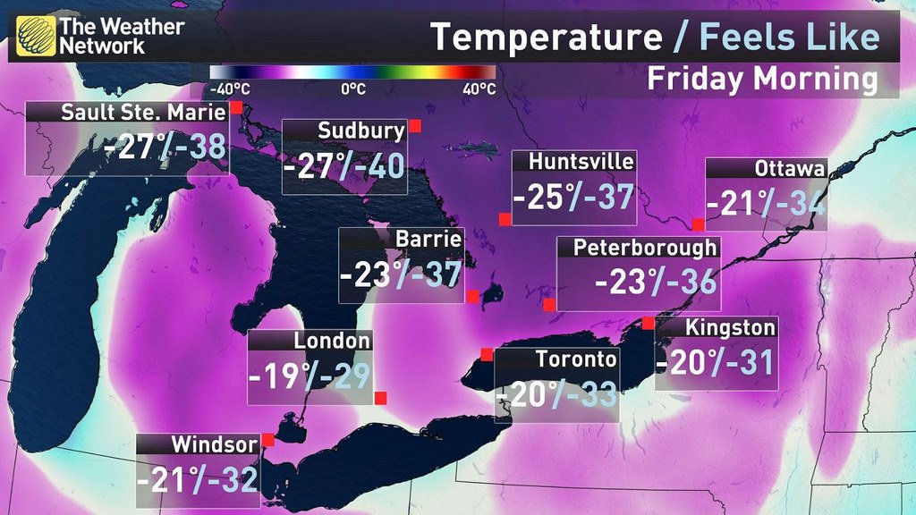 weathernetwork's tweet photo. Dangerous wind chills close to minus 40 hit southern Ontario. Here's how long it lasts, and what's next: https://t.co/HBCPFvxn2J #onstorm #oncold https://t.co/9884WZTtnC