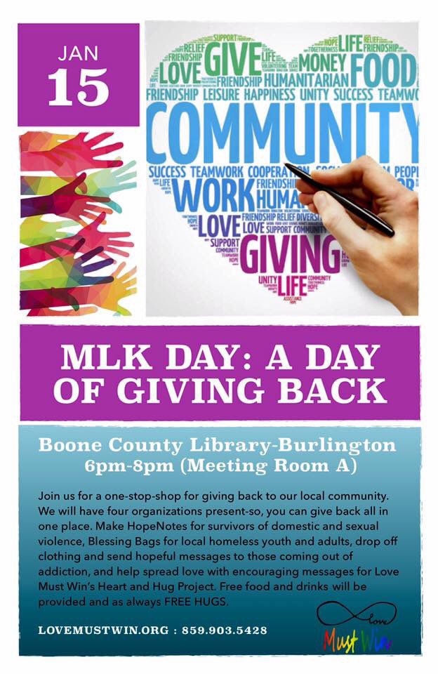 Please join us on Martin Luther King Jr. day as we give back to our community. Join us for our 2nd annual Day of Service #MLKDay #dayofservice #lovemustwin