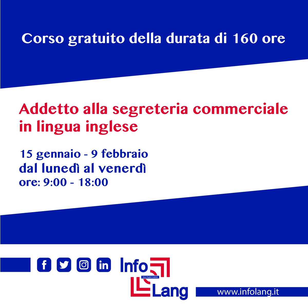 il_easyenglish's tweet photo. i primi due corsi finanziati GRATUITI dell'anno 🇬🇧

- Addetto segreteria commerciale in lingua inglese (20 posti)
- Addetto reception alberghiera in lingua inglese (17 posti)

scriveteci per conoscere le modalità di iscrizione:
📧reception@infolang.it https://t.co/NdOXBntQcg