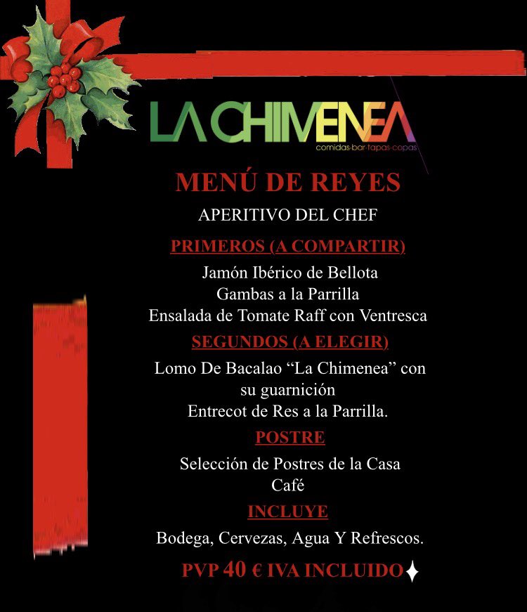 Los Reyes Magos están de camino y en La Chimenea los estamos esperando ¡Ven a celebrarlo con nosotros!😃🍴🍷👑🍒💃🏼
#ReyesMagos2018 #Feliz2018