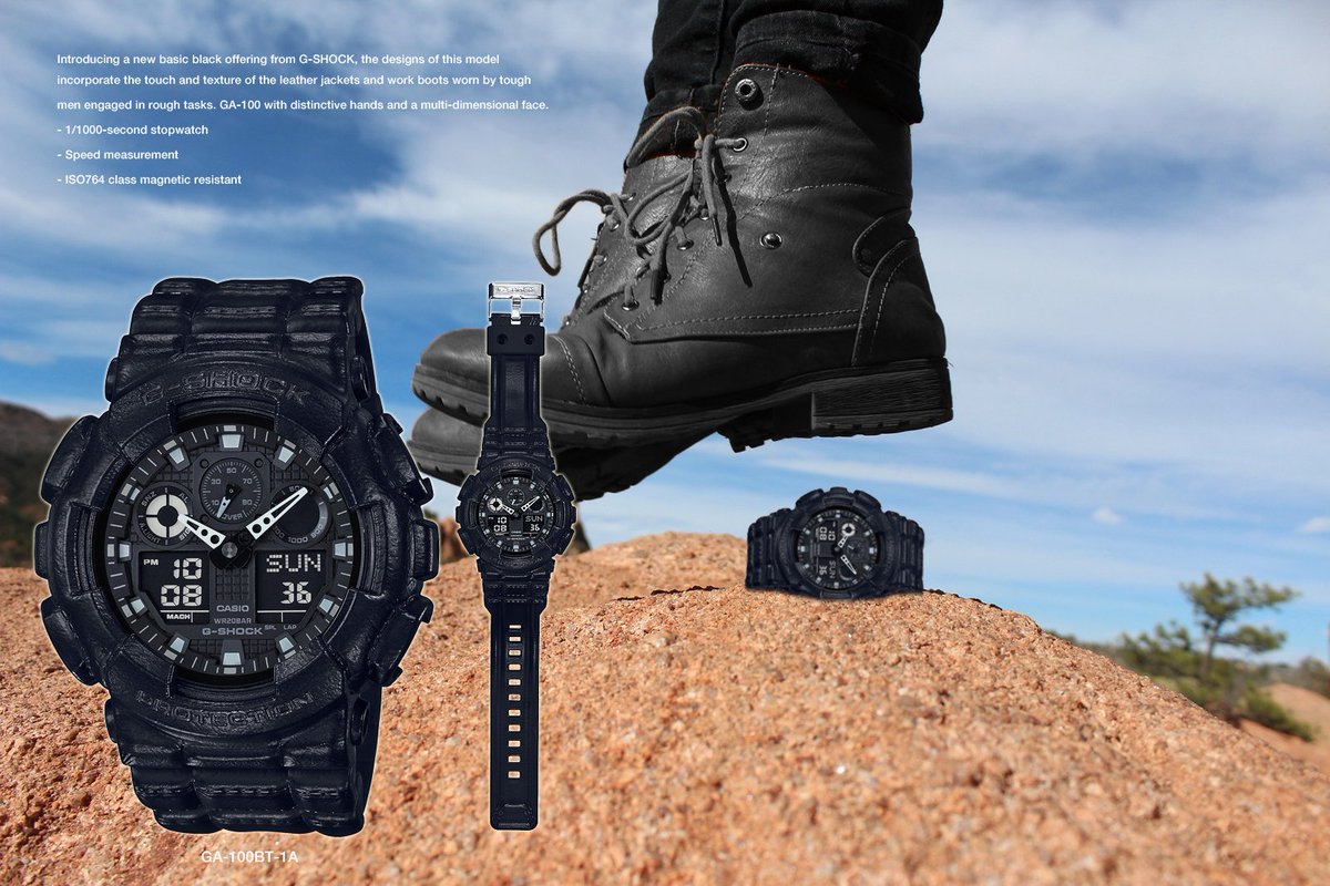 javyscasio's tweet image. G-SHOCK推出具皮革外觀的全新系列，靈感來自艱困環境的工作者所穿的皮夾克和工作靴，全黑的樹脂外觀經過特殊處理創造出猶如真實皮革的觸感和質感，百搭的皮革造型絕對是秋冬最能展現個人風格的單品。人氣暢銷款指針數位雙顯設計的 #GA100BT 為51.2mm大錶徑設計。
#G_SHOCK #leathertexture #ISO764