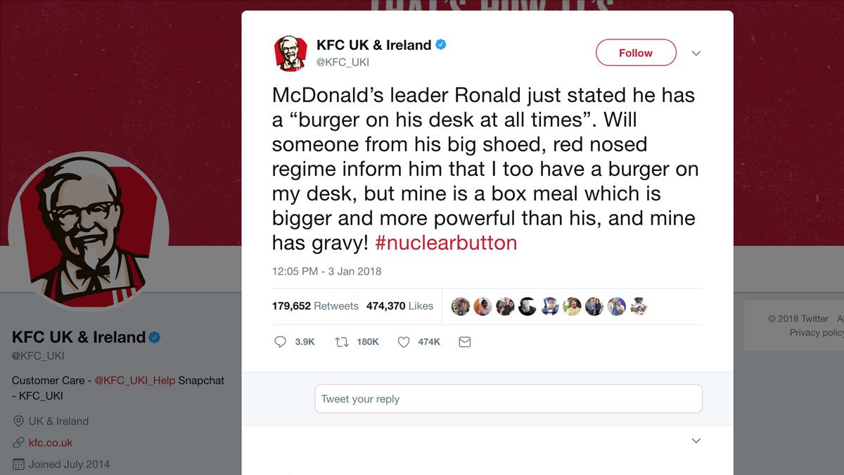 fabnewslive's tweet image. .@KFC_UKI Takes a Page Out of @realDonaldTrump’s Playbook in Parody Tweet About @McDonalds fabnews.live/kfc-takes-a-pa… #Food #NuclearButton #SocialMedia #Marketing