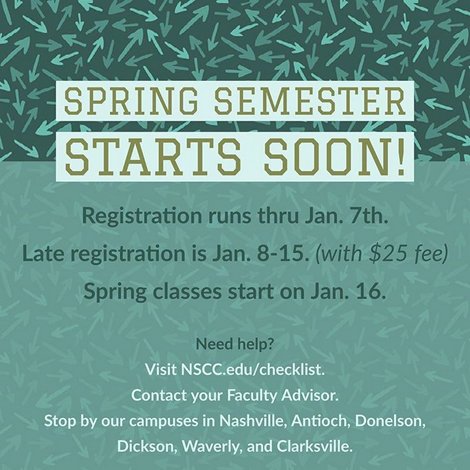 NashvilleState's tweet photo. 4:30 TODAY LAST CHANCE to Apply Online for admissions for #NSCCspring2018 semester entry. https://t.co/vdXyh7i8G5 https://t.co/lYYq1jvF5c
