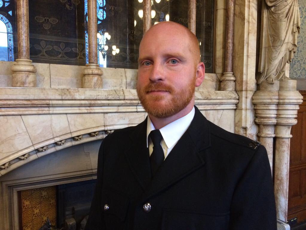 BTP's tweet photo. PC Dale Allcock was across the city when he heard the call for assistance on 22 May. 

There within minutes, he ran against the crowds to give vital first aid to casualties who had suffered significant injuries. He stayed there all night.

He is commended for his bravery. https://t.co/B3SvNJPRWD