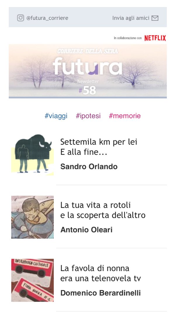 Il primo numero dell’anno di #FuturaCorriere è una meraviglia. Perdetevi lungo la rotta di Sandro Orlando, leggete il racconto, splendido, di Antonio Oleari, e poi stupitevi davanti alla nonna di Domenico Berardinelli. E se non siete iscritti -&gt; Corriere.it/futura