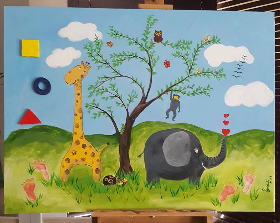 Amojha's tweet photo. A painting for my grandchild. 1m x 86cm Acrylic on canvas with shapes in Polystyrene and his footprints taken at 4 &amp; a half months in the two bottom corners https://t.co/7163OgVyiR