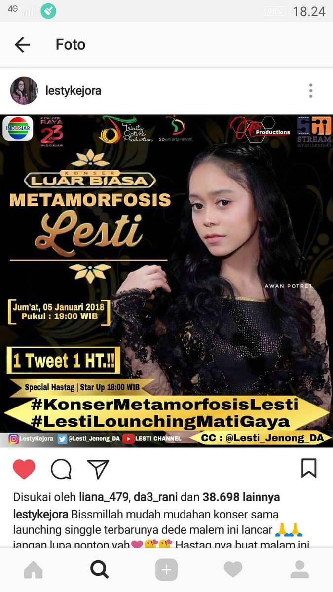 Untuk hastag malam ini kita mulai 18.30 serentak kita pakai #KonserMetamorfosisLesti