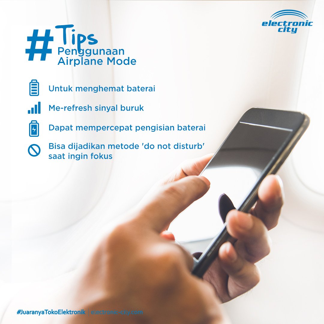 electronic_city's tweet photo. Ternyata, 'airplane mode' tidak hanya digunakan dalam penerbangan. Kira-kira apa saja kegunaan atau manfaat lain dari 'airplane mode' ini ya?
#itsEC #JuaranyaTokoElektronik #ECtips #AirplaneMode https://t.co/fHWFcW4dqo