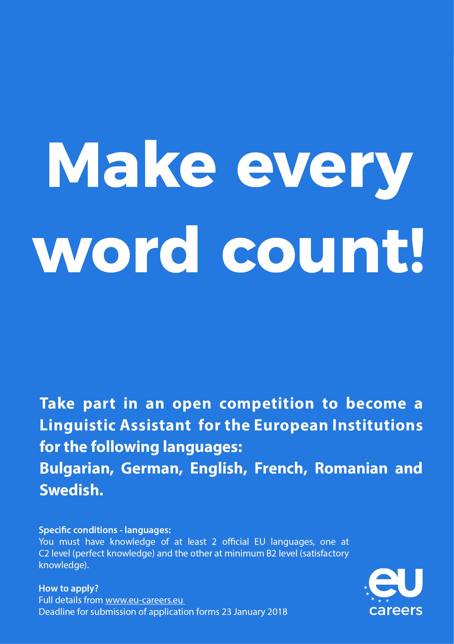EPSO en X: Have you already applied to become a Linguistic Assistant at  the EU institutions? If you have good knowledge of Bulgarian, German,  English, French, Romanian or Swedish check ➡️  #