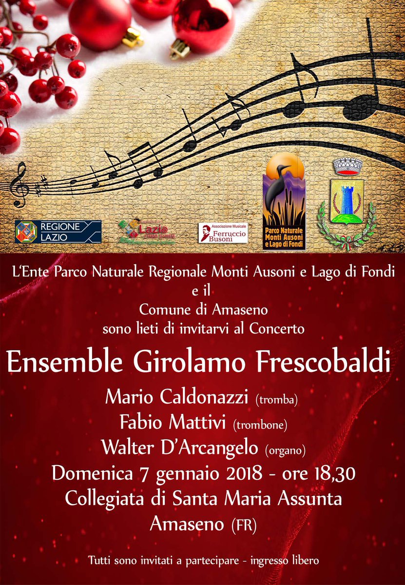 parcoausoni's tweet photo. #Parco Monti #Ausoni e Comune di #Amaseno (FR) invitano al #concerto: Ensemble Girolamo Frescobaldi; Mario Caldonazzi (tromba); Fabio Mattivi (trombone); Walter d’Arcangelo (organo).
7 gennaio 2018 ore 18,30 Collegiata Santa Maria Assunta ad Amaseno. https://t.co/wSDOL2ITKE https://t.co/RSip70gqaD