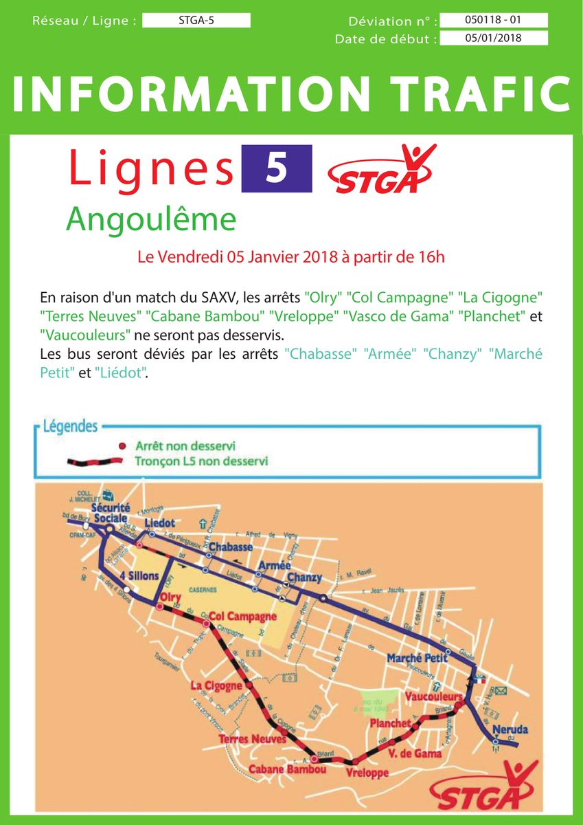 TransCharente's tweet photo. #STGA5 le 05 Janvier à partir de 16h :
- En raison d'un match du SAXV, les arrêts #Olry #ColCampagne #LaCigogne #TerresNeuves #CabaneBambou #Vreloppe #VascoDeGama #Planchet et #Vaucouleurs ne seront pas desservis.
- Se reporter aux arrêts #Chabasse #Armée #Chanzy ou #MarchéPetit https://t.co/w9K8a6hnwH