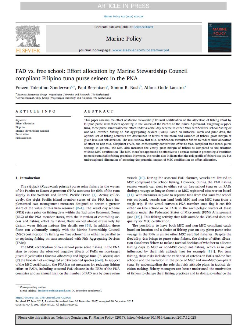 Published! @frazen_tz analysis of how effective <a href="/MSCecolabel/">Marine Stewardship Council</a> certification is at pushing Filipino tuna purse seiners to move from FAD to free-school fishing in the PNA @pnatunatweet <a href="/wcpfc/">Fisheries Commission</a> <a href="/IPNLF/">Int Pole & Line Fdn</a> <a href="/AtunaNews/">ATUNA News</a> <a href="/WUR/">Wageningen U&R</a>  authors.elsevier.com/sd/article/S03….