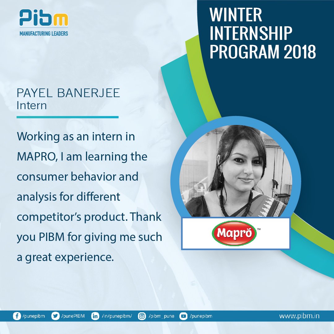 PunePIBM's tweet image. Learning is not accomplished by putting thoughts into a mind, but rather empowering minds to generate thoughts. 
So here is Payel Banerjee (Batch 2017-2019), sharing her learnings while working as an Intern at #Mapro.
#WinterInternshipProgram #WIP #PIBM #PIBMPune #MBA #PGDM