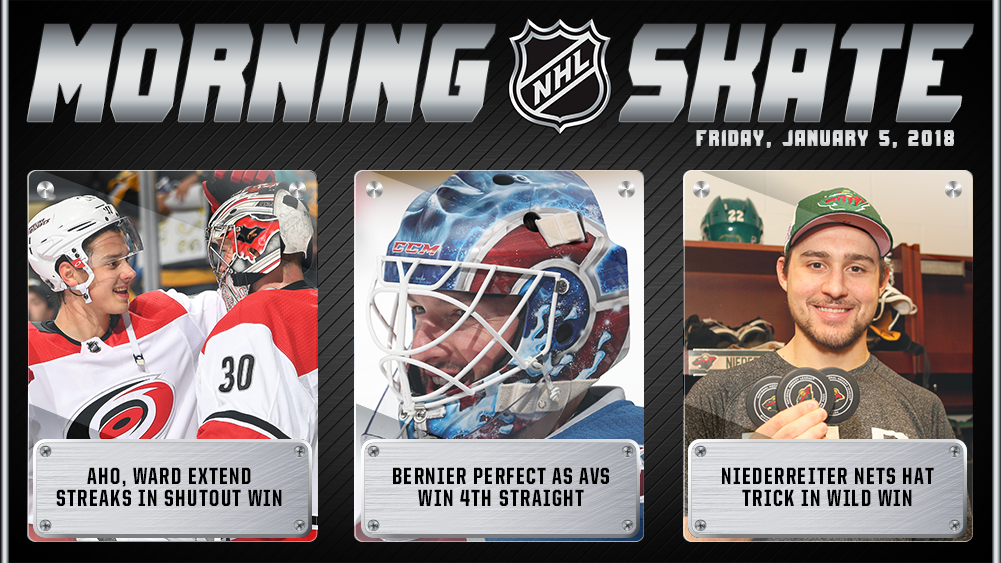 NHLPR's tweet photo. NHL Morning Skate – Jan. 5, 2018

@NHLCanes continue impressive run with shutout win; Bernier perfect as @Avalanche win fourth straight; @thelnino22 nets hat trick in @mnwild win. #NHLStats  https://t.co/3SXJvc4mBh https://t.co/VYRCj4tFq1