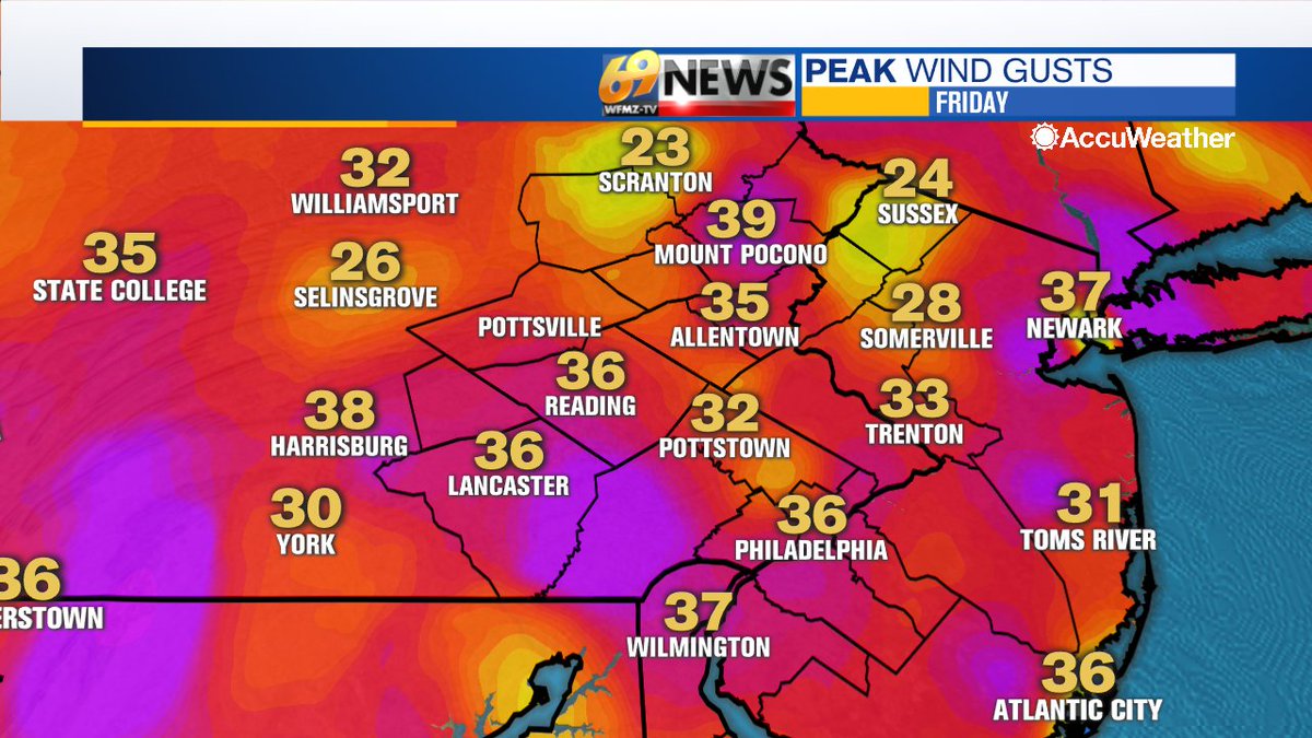 69News's tweet photo. Max wind gusts so far today. We will continue to see gusts between 30 and 40 miles per hour the whole way through Saturday afternoon. Be mindful of some blowing and drifting snow across secondary roads #HARSH #BITINGWIND #PAwx #NJwx https://t.co/7E33JTxtT4