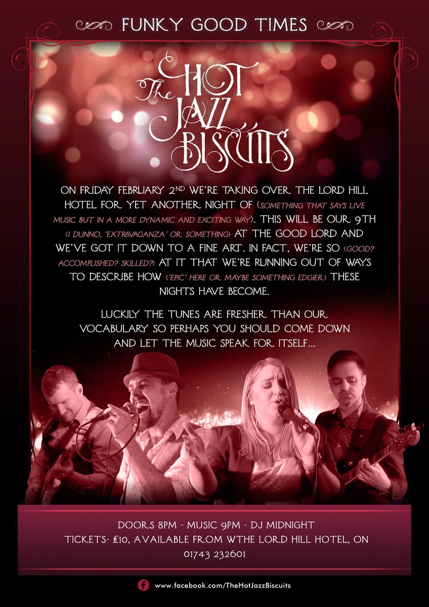 Chief_Biscuit's tweet photo. Can't wait to be back at @LordHillHotel in #Shrewsbury first Friday in February with our nine piece band - Always a cracking night :) https://t.co/MJkc2Fm8gX