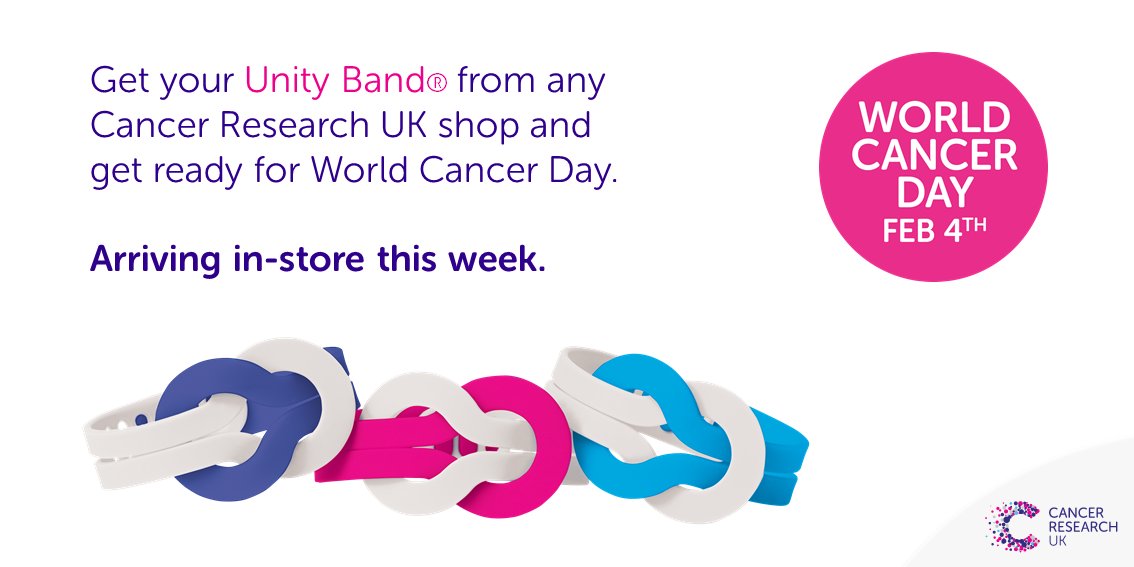 CRUKShops's tweet photo. This year's #UnityBand is about to land in a @CR_UK shop near you! Get yours and get ready for World Cancer Day, 4th Feb. https://t.co/iBosBaCeYq