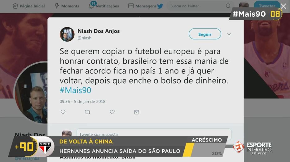 Niash mandou sua opinião sobre a situação de Hernanes e a volta ao futebol chinês. E você, o que acha, torcedor? #Mais90 no debate!