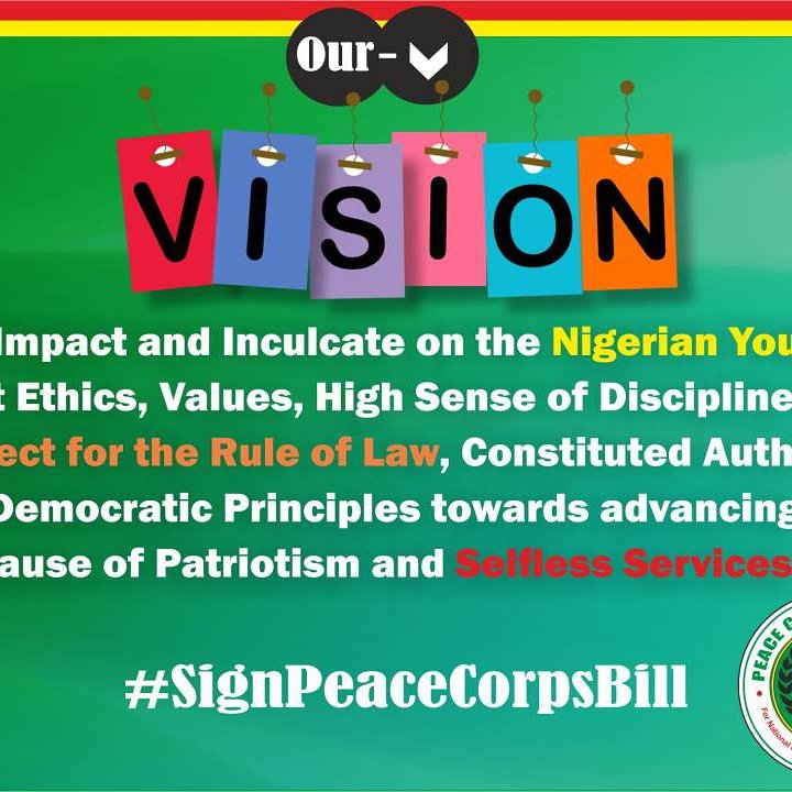 Austin79761435's tweet photo. Challenges of under development, Youths impotency, and geometrical increase in social decadence in our dear Nation can be eradicated when the future holders are given opportunity to make their contribution through a platform such as the Peace Corps of Nigeria
#SignPeaceCorpsBill https://t.co/EupKfYtFX0