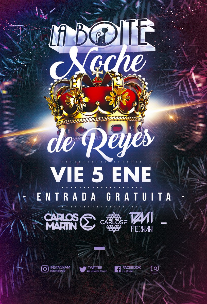 🤟🙌VIERNES 5 DE ENERO🙌🤟
🎄🎄La lluvia no nos impedirá despedir las navidades como se merecen 🎄🎄
🎁 NOCHE DE REYES EN LA BOITE 🎁 
🔊 <a href="/carlosfdj/">Carlos F</a>   🔊
🔊 <a href="/danielfv418/">DANI FERNAN</a>  🔊
🔊 @carlos69_CMR 🔊
#Reyesenlaboite #laboitejaraiz  #music🔛
