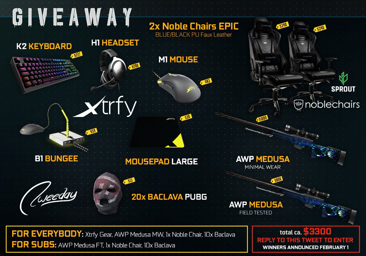 Mrtweeday's tweet photo. *JANUARY GIVEAWAY*

Thanks to @sproutGG and their partner @noblechairs 
aswell as @Xtrfy (Go give them a follow)

$3300+ in total (Check the picture for more info)
If you are a Twitch sub, Subgiveaway here: https://t.co/JIBfIK5sDV

To enter this simply REPLY to this tweet :) GLHF https://t.co/tbKsyUsQV8