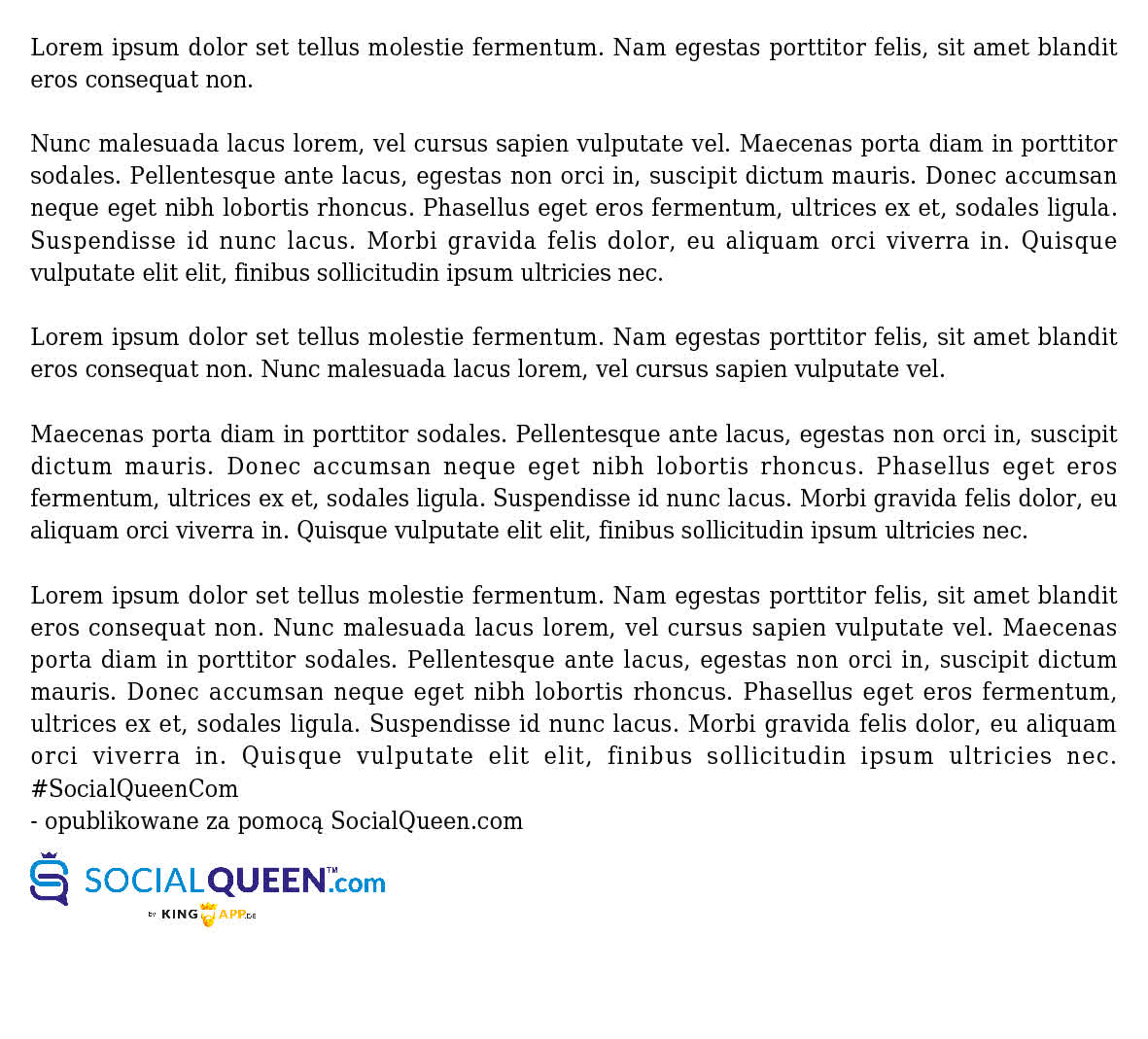 SocialQueenPL's tweet photo. Lorem ipsum dolor set tellus molestie fermentum. Nam egestas porttitor felis, sit amet blandit eros consequat non. 

Nunc malesuada lacus lorem, vel cursus sapien vulputate vel. Maecenas porta diam in porttitor sodales. Pellentesque ante lacus, egestas non orci in, suscipit d https://t.co/bgcCPNcOXO
