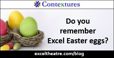 contextures's tweet image. Do you remember #Excel Easter eggs? This week&apos;s #ExcelTweets #excelhumor #excelfun
exceltheatre.com/blog/archives/…