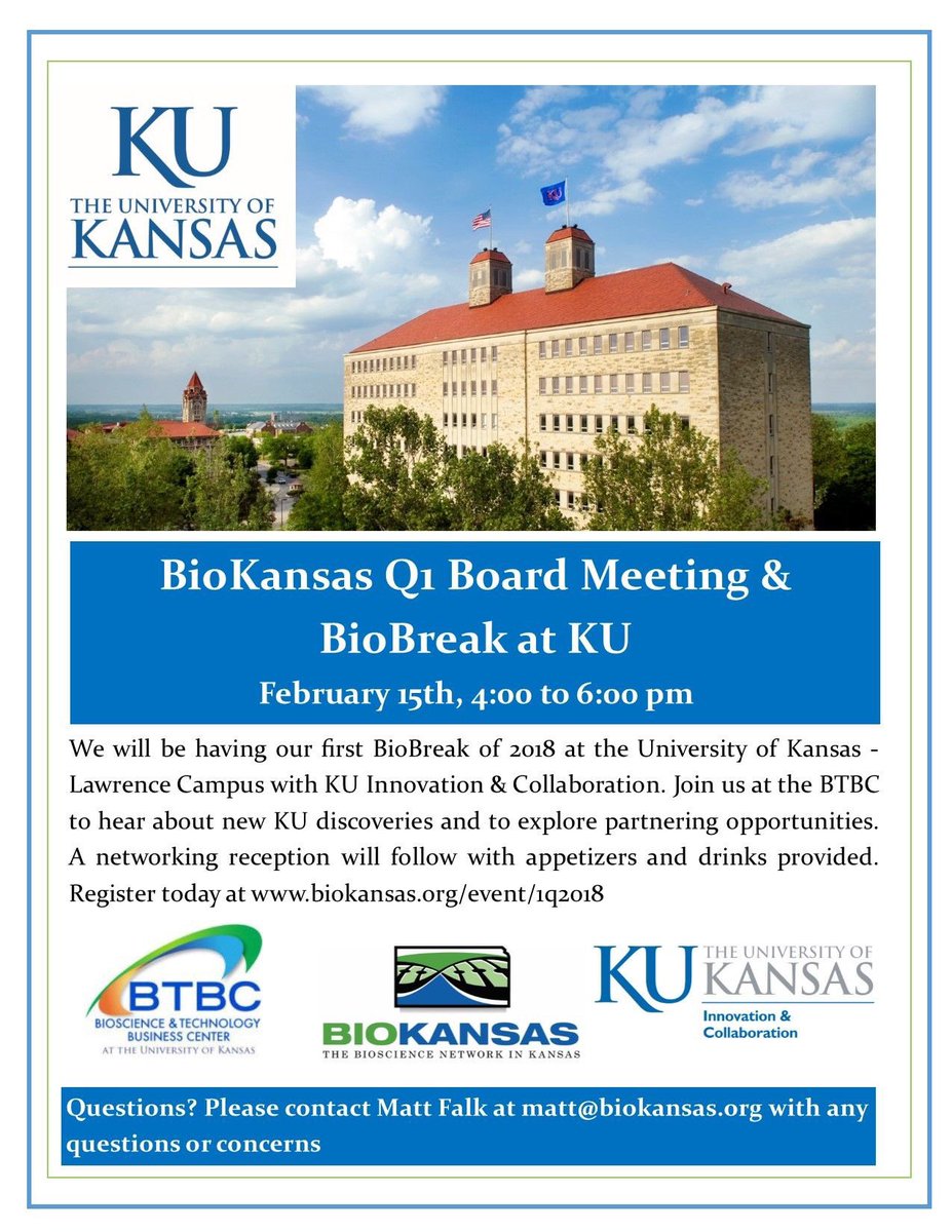 KU Center for Technology Commercialization (@ku_ctc) on Twitter photo Join us Feb15 for first 2018 <a href="/BioKansas/">BioKansas</a> #BioBreak at <a href="/BTBC_KU/">BTBC at KU</a> #LifeSciences #discoveries #startups <a href="/KUnews/">KU News Service</a> Join us Feb15 for first 2018 <a href="/BioKansas/">BioKansas</a> #BioBreak at <a href="/BTBC_KU/">BTBC at KU</a> #LifeSciences #discoveries #startups <a href="/KUnews/">KU News Service</a>