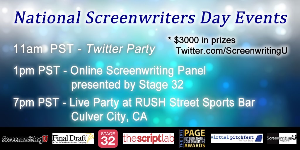 ScreenwriterDay's tweet photo. Check out #NationalScreenwritersDay schedule of events!
#screenwriting #writer #iamwriting https://t.co/fqj7WflsMm