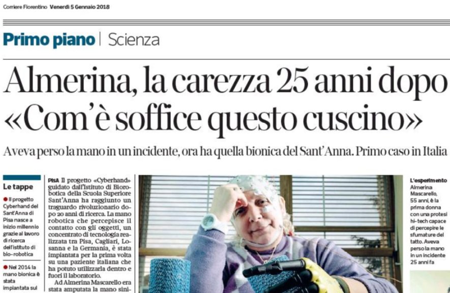 sha_braithwaite's tweet photo. #Pisa #scienza Oggi sul @corrierefirenze si parla della rivoluzionaria mano bionica #cyberhand (@ScuolaSantAnna, @_smicera) impiantata sul braccio di #AlmerinaMascarello https://t.co/b1y2HIaRC1